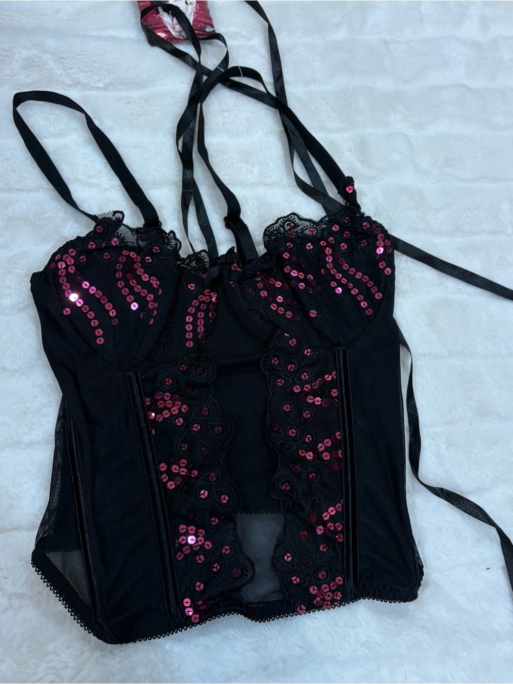 Black Sequin Lace Bustier with Pink Accents - Women's Shapewear